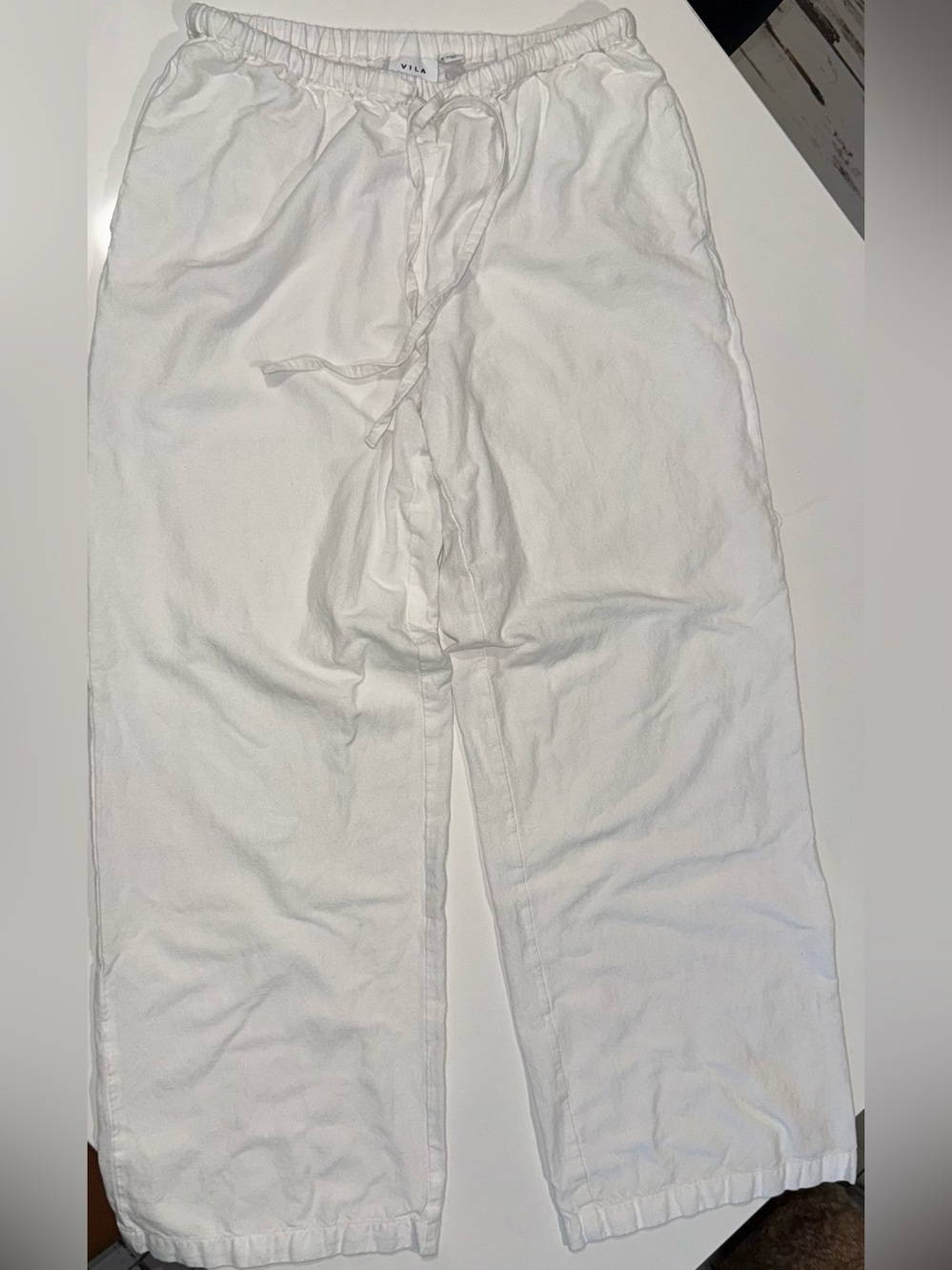 VILA White Drawstring Waist Linen-Blend Pants